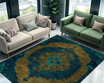 Elegant Green Turkish Rug, Washable Polyester Velvet, Living Room Carpet