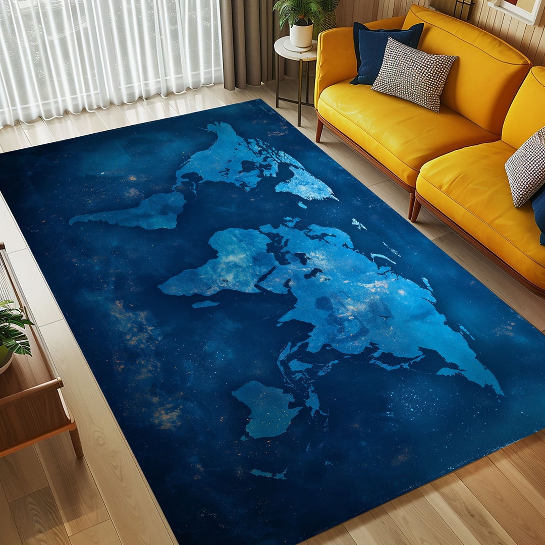 Blue World Map Rug, Kids Rug With Map, Rugs for Bedroom Aesthetic, Rug ...
