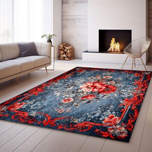 Alfombra vintage con estampado floral rojo, lavable y antideslizante, con fondo azul, ideal para sala de estar y dormitorio. imagen 3