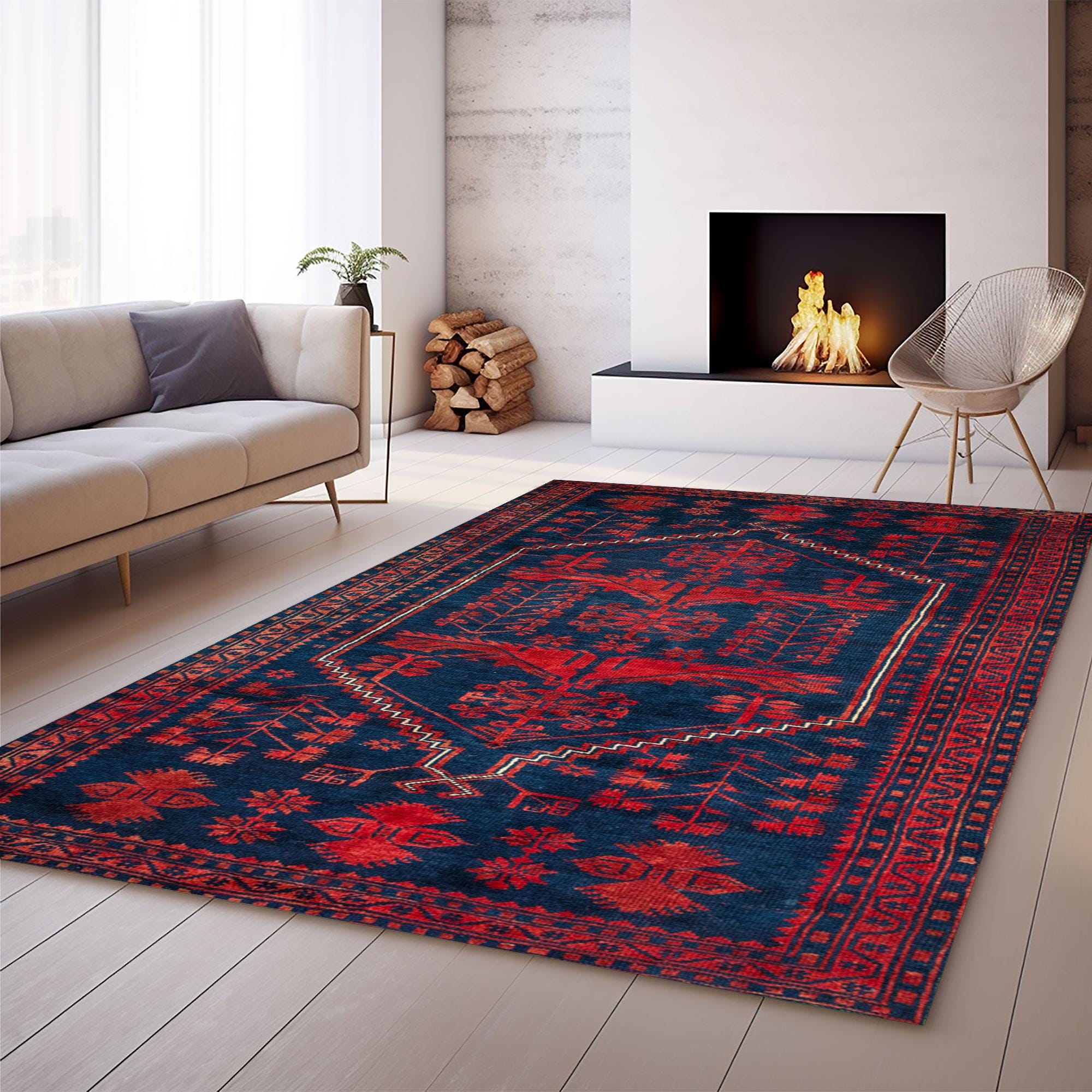 Vintage Style Turkish Rug, Floral Medallion, Navy Blue and Red - Etsy