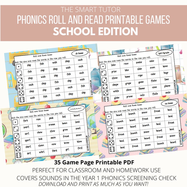 Phonics Roll and Read Printables School Theme 35 PAGES - Etsy