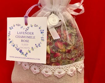 Organic Lavender, Chamomile, Rose Suitcase and Sleep Sachets for Travel or Home