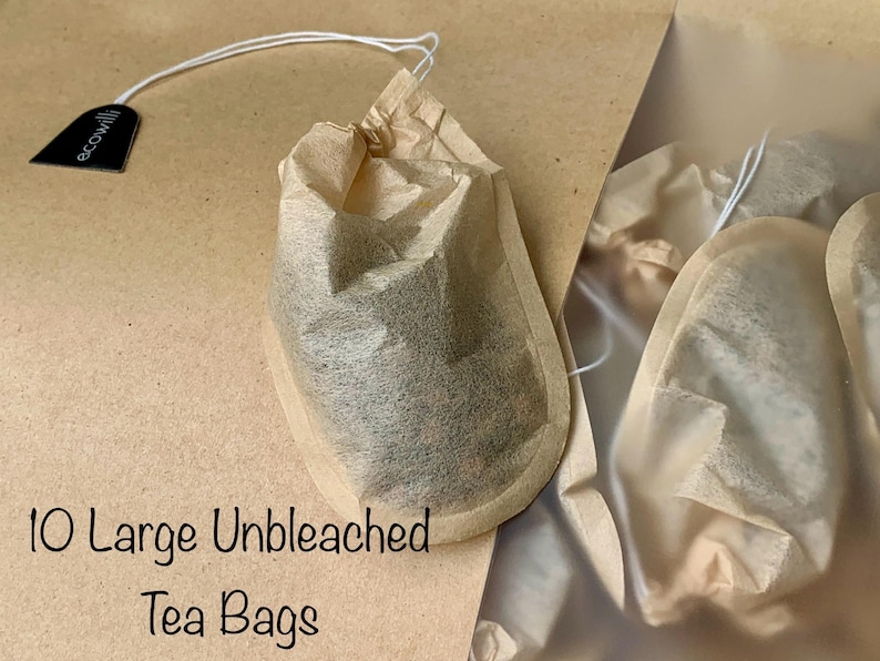 May include: Ten large unbleached tea bags in brown paper packaging. The tea bags are made of natural, unbleached paper and are ready to be used for brewing tea.