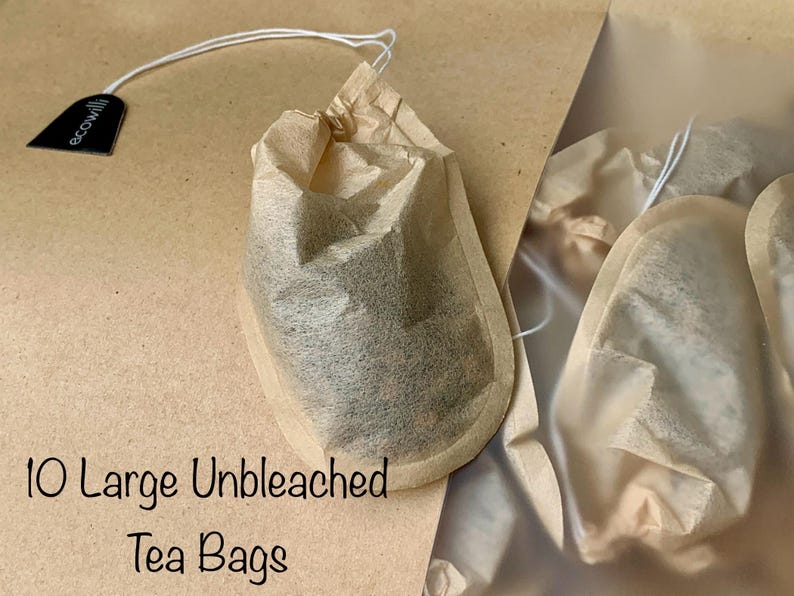 May include: Ten large unbleached tea bags in brown paper packaging. The tea bags are made of natural, unbleached paper and are designed for loose leaf tea. The packaging is labelled with the text "10 Large Unbleached Tea Bags".