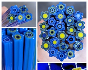 COE 90 Flower Murrini | Med/Large Blue Evening Primrose 1oz | Millefiori, Murrine, Vitrigraph, Bullseye Murrini, Glass Cane, Glass Slices