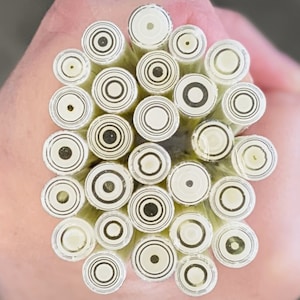 May include: A collection of white and black patterned round wooden dowels.