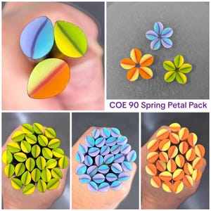 May include: A collection of colorful polymer clay flower petals and petal bundles. The petals are in shades of orange, yellow, green, blue, and purple. The text "COE 90 Spring Petal Pack" is also visible.