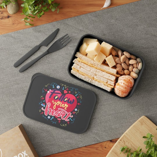 Disover Follow Your Heart Motivational Quote PLA Bento Box with Band and Utensils