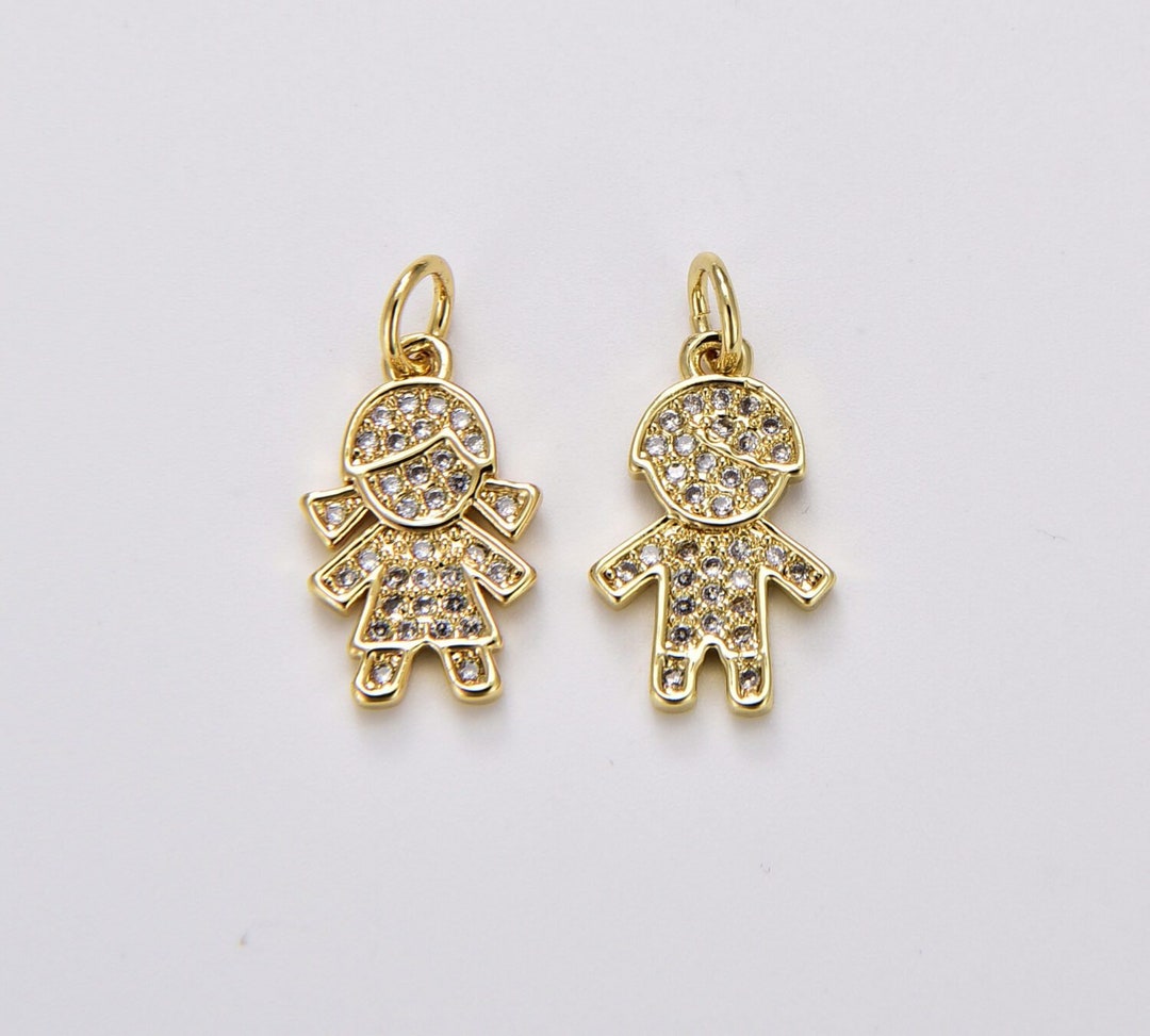 18K Gold Filled Boy and Girl Charm Pendant, CZ Micro Pave Boy and Girl
