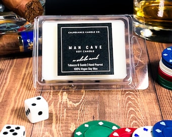 Man Cave | Tobacco and Suede Wax Melts | Musky | Leather | Pure Vegan Soy Wax | Gift for him | Double Wick | Gold Lid | Housewarming