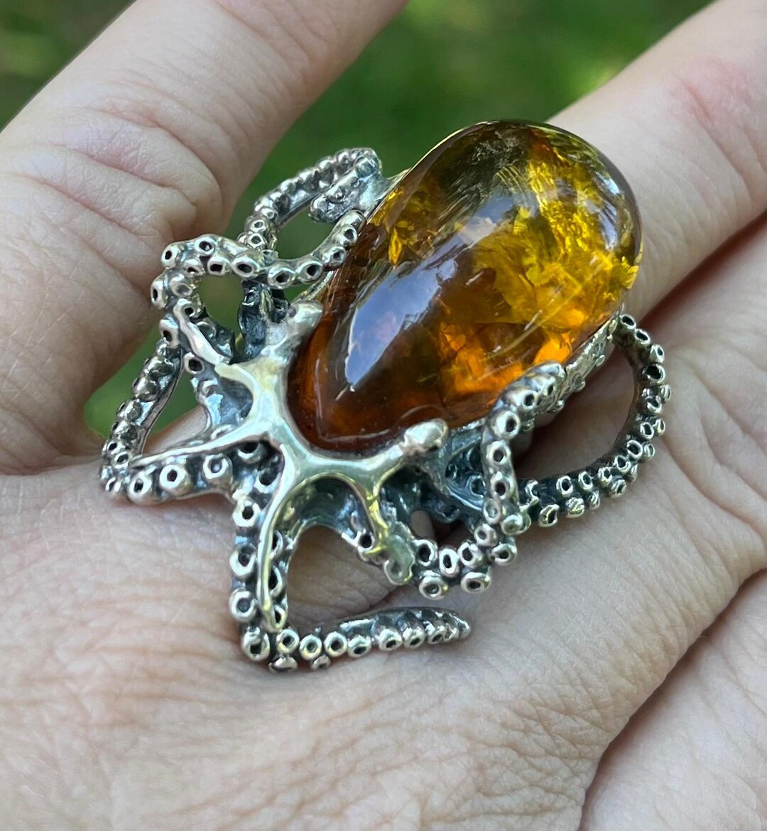 Handmade Octopus Ring – Amber & Silver - Etsy