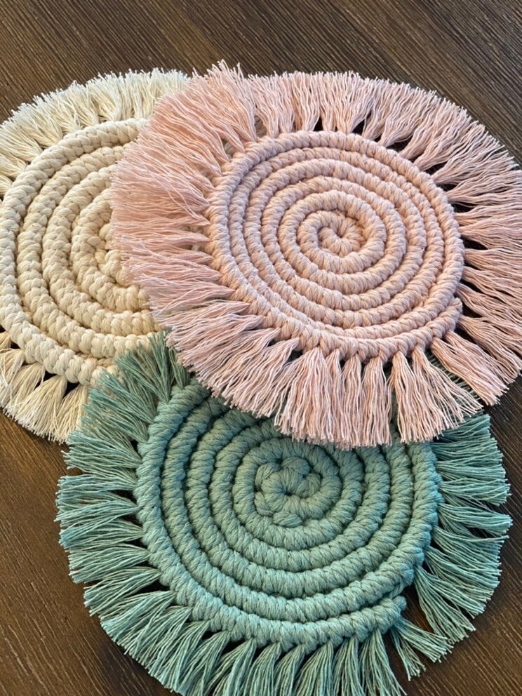 Cute Pink Macrame Drinks Coasters, Funny Silicone Coasters For Wooden