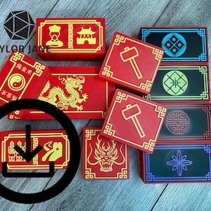 May include: A selection of red and black game tiles with gold and yellow illustrations. The tiles feature various symbols, including a dragon, hammer, and geometric shapes. Some tiles have Chinese characters.
