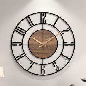 Black Large Wall Clock, Modern Wooden Wall Clock, Mid Century Silent Clock, Retro Wall Clock, Unique Clock for Wall, Metal Wooden Home Clock