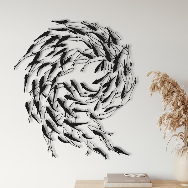 Arte de pared de peces de metal, letrero de pared de la familia de peces, letrero de bandada de peces, arte de pared náutica, decoración interior con temática marina, decoración de la oficina en el hogar, decoración del mar