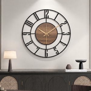 Black Large Wall Clock, Modern Wooden Wall Clock, Mid Century Silent Clock, Retro Wall Clock, Unique Clock for Wall, Metal Wooden Home Clock