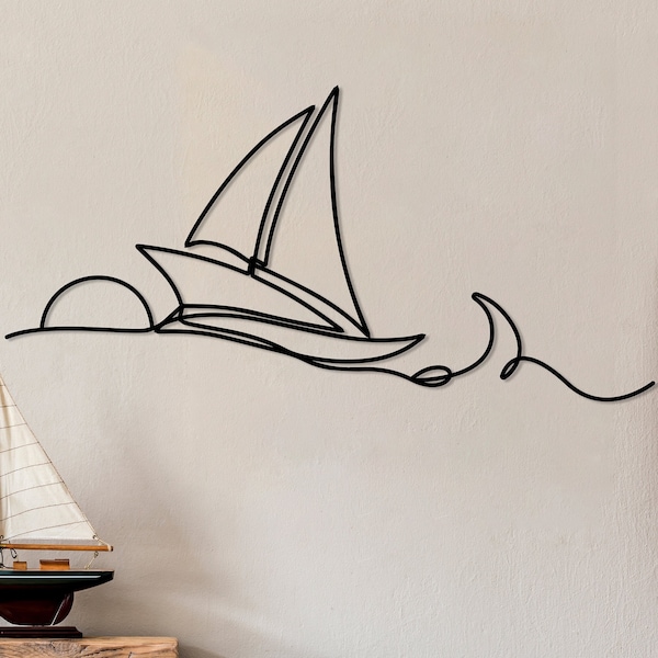 Sailboat Metal Wall Decor, Sea Life Line Wall Art, Sun and Wave Decor, Sea Lover Gift, Nautical Wall Decor, Beach House Decor, Ocean Decor