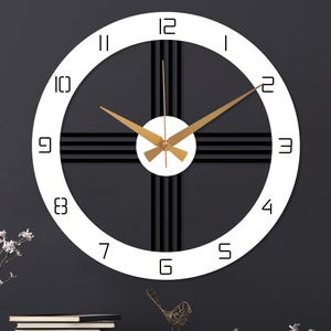White Wood and Metal Wall Clock, Mid Century Modern Clock, Wooden Clock Gift, Oversized Wall Clock, Unique Metal Wall Clock, Office Clock
