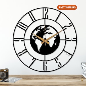 Large Metal World Map Wall Clock, Modern Wall Clock, Office Silent Clock, Gift for Traveler, World Map Clock, Unique Home Decor, Clock Art