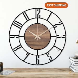 Black Large Wall Clock, Modern Wooden Wall Clock, Mid Century Silent Clock, Retro Wall Clock, Unique Clock for Wall, Metal Wooden Home Clock image 1