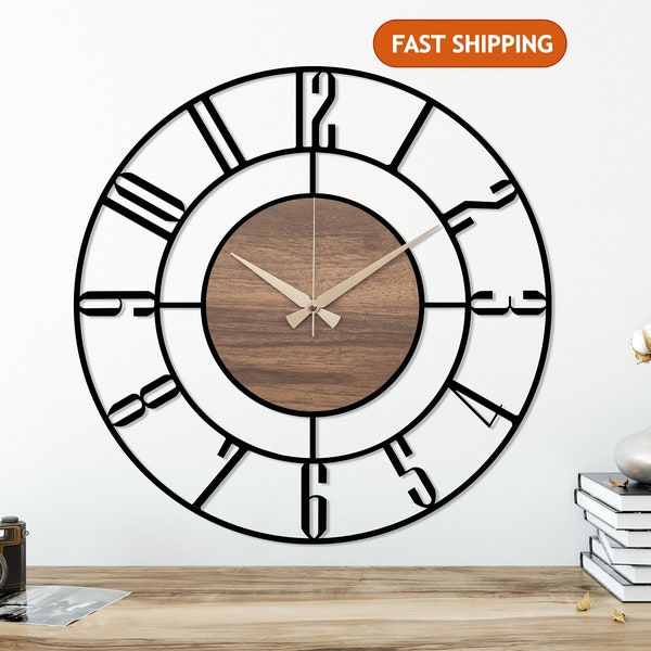 Black Large Wall Clock, Modern Wooden Wall Clock, Mid Century Silent Clock, Retro Wall Clock, Unique Clock for Wall, Metal Wooden Home Clock