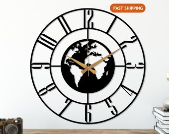 Large Metal World Map Wall Clock, Modern Wall Clock, Office Silent Clock, Gift for Traveler, World Map Clock, Unique Home Decor, Clock Art