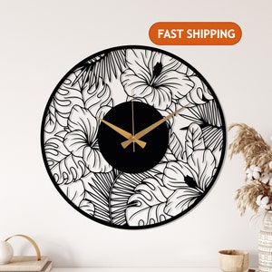 Poppy Flower Metal Wall Clock, Flower Art Design Wall Clock, Modern Minimalist Wall Clock,Silent Cute Wall Clock Gift,Large Livingroom Clock Black