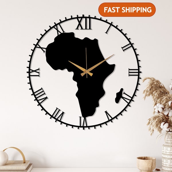 Black Africa Map Clock, Africa Metal Wall Clock, Livingroom Metal Wall Clock, African Wall Decor, Silent Modern Wall Clock,Housewarming Gift