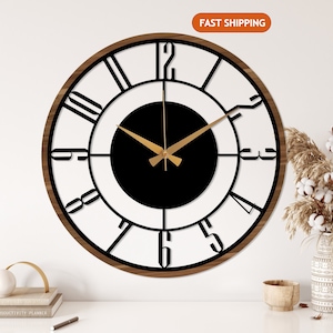 Mid Century Modern Wall Clock, Metal with Wooden Wall Clock, Oversize Silent Clock, Unique Home Clock, Farmhouse Wall Clock,Design Clock Art afbeelding 1