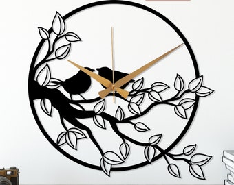 Birds on Branch Metal Wall Clock, Metal Birds Wall Clock, Modern Silent Wall Clock, Interior Design Clock,Animal Themed Clock,Birds Art Sign