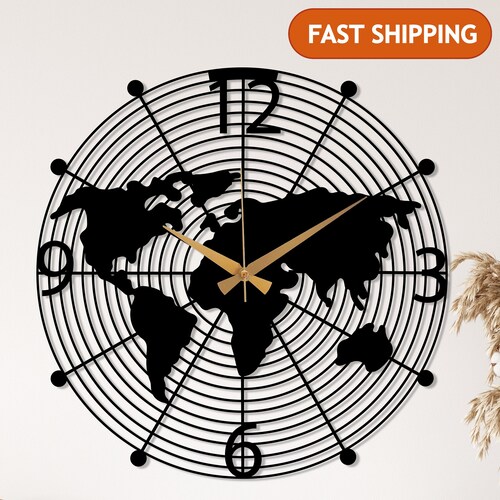Large Metal World Map Time Zone Wall Decor World Time Clock Etsy