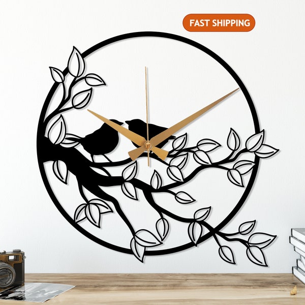 Birds on Branch Metal Wall Clock, Metal Birds Wall Clock, Modern Silent Wall Clock, Interior Design Clock,Animal Themed Clock,Birds Art Sign