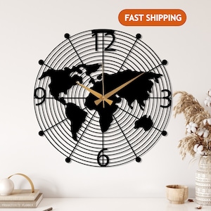 World Map Design Metal Wall Clock, Black Large Wall Clock, Unique Home Decor, World Map Art, Clock for Wall, Wanduhr, Horloge Murale, Clocks