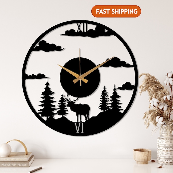 Mountain Large Metal Wall Clock, Deer Forest Black Wall Clock, Outdoor Nature Oversize Silent Wall Clock, Unique Design Wall Clock, Wanduhr