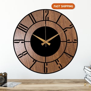 Metal Wooden Wall Clock,Modern Wood Clock,Farmhouse Wood Wall Clock,Black Large Wall Clock,Country House Decor,Industrial Wall Clock,Wanduhr