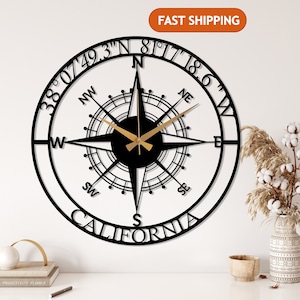 Personalized Compass Metal Wall Clock, Custom Coordinates Wall Clock, Custom Location Metal Wall Clock,Nautical Wall Clock,Modern Wall Clock