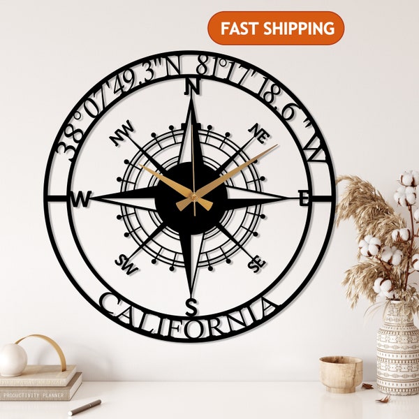 Personalized Compass Metal Wall Clock, Custom Coordinates Wall Clock, Custom Location Metal Wall Clock,Nautical Wall Clock,Modern Wall Clock