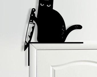 Halloween Funny Black Cat with Knife Decor, Door Frame Cat Decor, Halloween Cat Gift, Door Corner Cat Sign, Funny Black Cat Gift,Door Topper