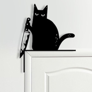 ハロウィンの面白い黒猫とナイフの飾り、ドア枠の猫の飾り、ハロウィンの猫のギフト、ドアコーナーの猫の看板、面白い黒猫のギフト、ドアトッパー