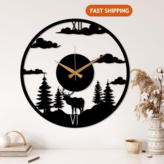 Mountain Large Metal Wall Clock, Deer Forest Black Wall Clock