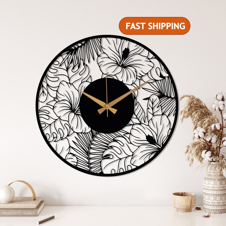 Poppy Flower Metal Wall Clock, Flower Art Design Wall Clock, Modern Minimalist Wall Clock,Silent Cute Wall Clock Gift,Large Livingroom Clock Black