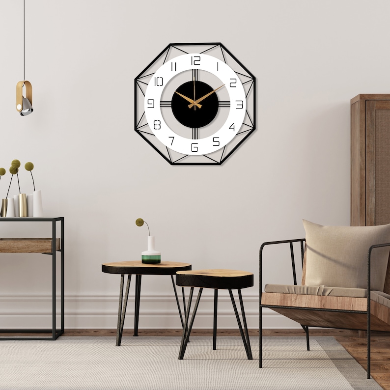 Grande horloge murale moderne, métal avec horloge en bois du milieu du siècle, horloge pour mur, horloge murale de bureau à domicile, horloge unique silencieuse, décor de salon image 3