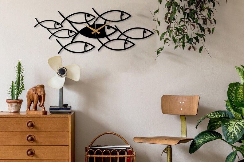 Black Fish Metal Clock, Art Wall Clock, Kitchen Wall Clock, Design Wall Clock, Minimalist Silent Clock, Horloge Murale,Clock for Living Room image 3