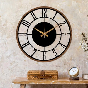Moderne Mid-Century-Wanduhr, Metall mit Holzwanduhr, übergroße stille Uhr, einzigartige Wohnuhr, Bauernhaus-Wanduhr, Design-Uhr-Kunst Bild 6