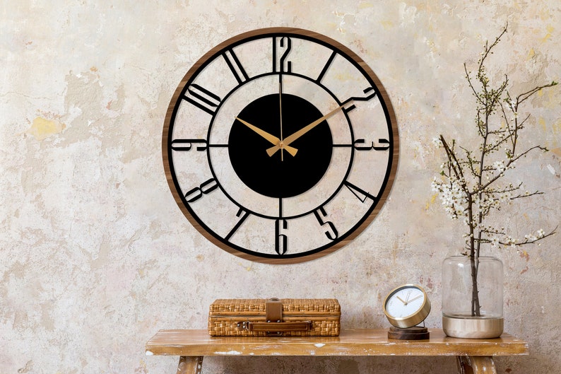 Mid Century Modern Wall Clock, Metal with Wooden Wall Clock, Oversize Silent Clock, Unique Home Clock, Farmhouse Wall Clock,Design Clock Art afbeelding 6