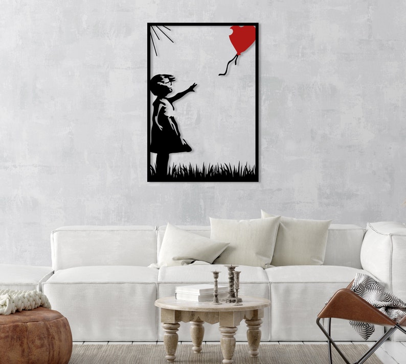 BANKSY Balloon Girl Metal Wall Art, Banksy Girl con globo, gran arte de graffiti Banksy, decoración moderna de la pared para la sala de estar, decoración del hogar imagen 7