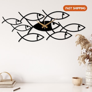 Black Fish Metal Clock, Art Wall Clock, Kitchen Wall Clock, Design Wall Clock, Minimalist Silent Clock, Horloge Murale,Clock for Living Room