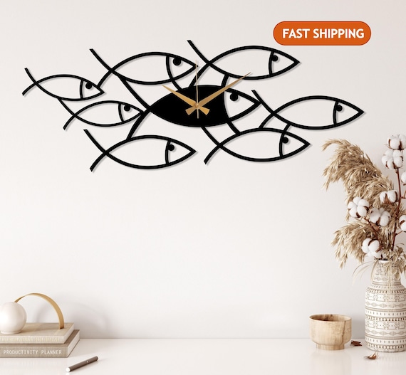 Black Fish Metal Clock, Art Wall Clock, Kitchen Wall Clock, Design Wall Clock, Minimalist Silent Clock, Horloge Murale,Clock for Living Room