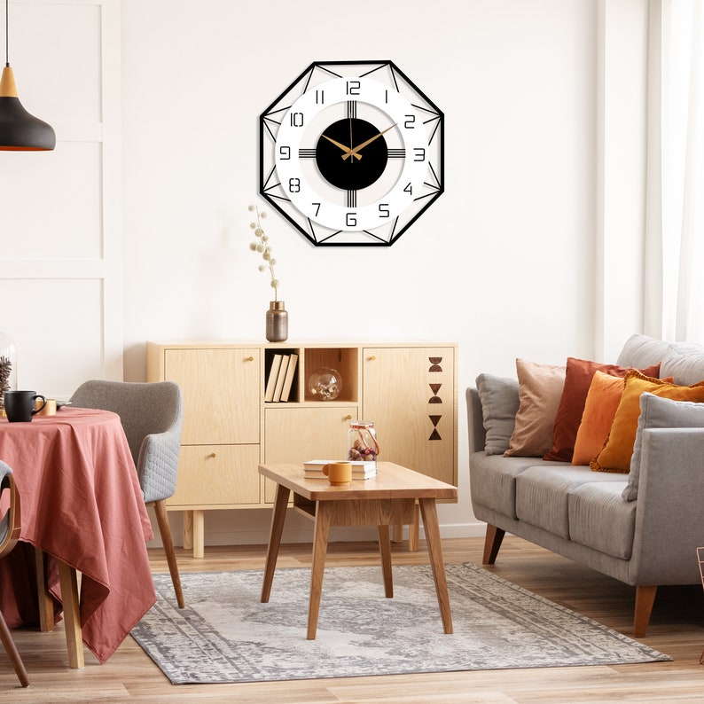 Grande horloge murale moderne, métal avec horloge en bois du milieu du siècle, horloge pour mur, horloge murale de bureau à domicile, horloge unique silencieuse, décor de salon image 7