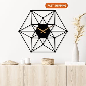 Hexagon Minimalist Black Wall Clock, Modern Design Metal Wall Clock, Silent Boho Wall Clock Art, Unique Home Decor Art,Large  Clock for Wall